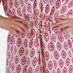 Tamsy Floral Paisley Tie Waist Kimono Dress (Onesize) - Pink & White