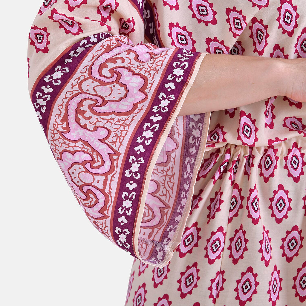 Tamsy Floral Paisley Tie Waist Kimono Dress (Onesize) - Pink & White