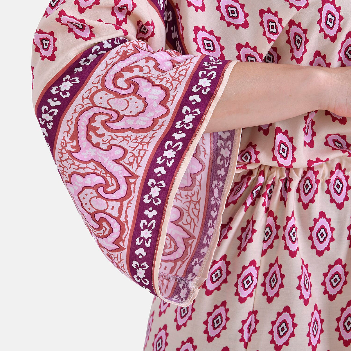 Tamsy Floral Paisley Tie Waist Kimono Dress (Onesize) - Pink &amp; White 7781370 7