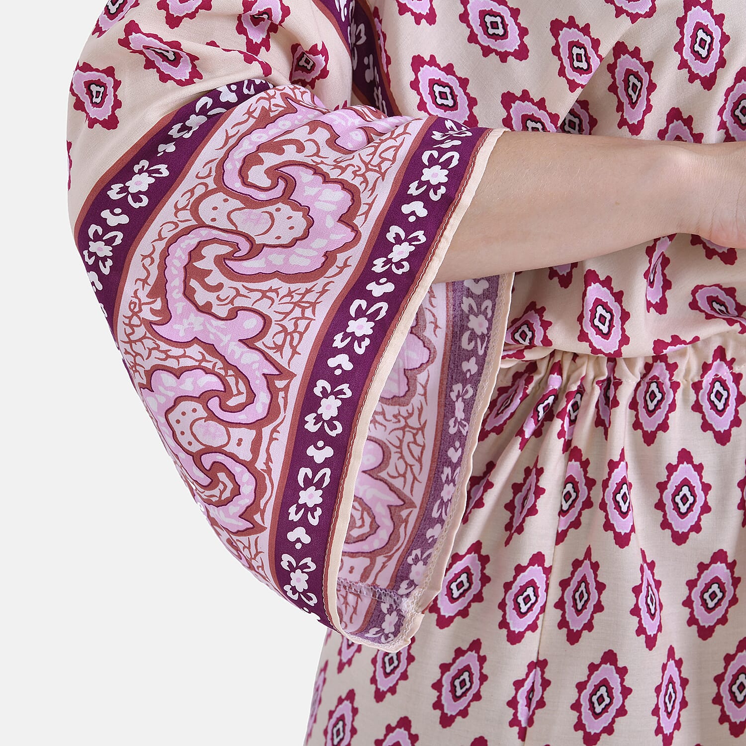 Tamsy Floral Paisley Tie Waist Kimono Dress (Onesize) - Pink &amp; White 7781370 7