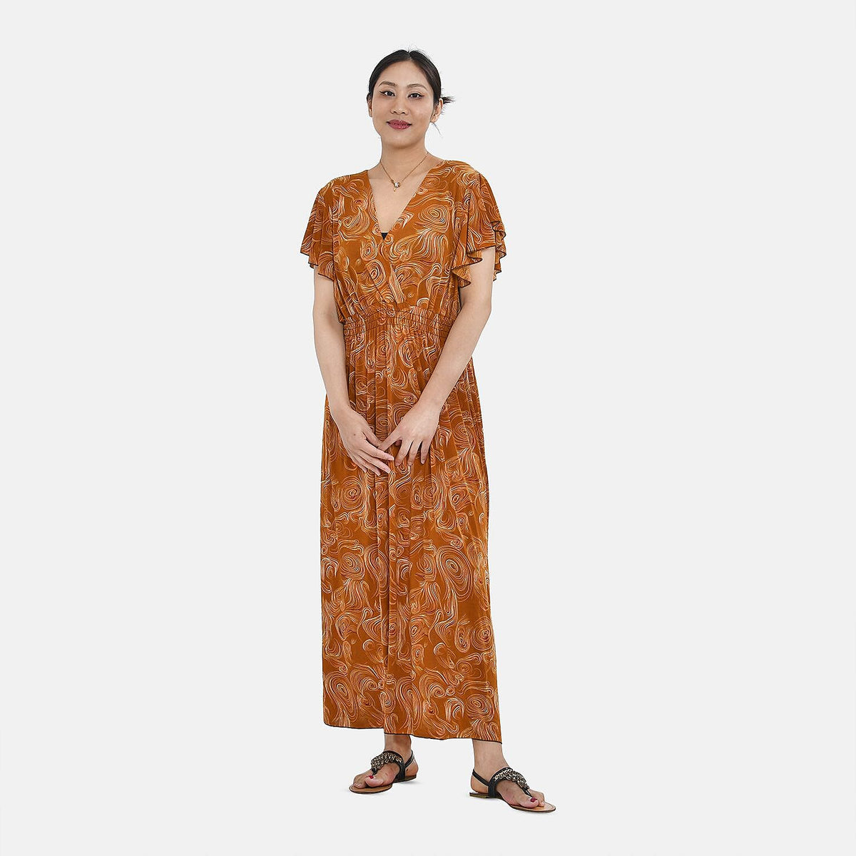 TAMSY Floral Pattern Smocked Waist Maxi Dress with Flutter Sleeves 7283587 0