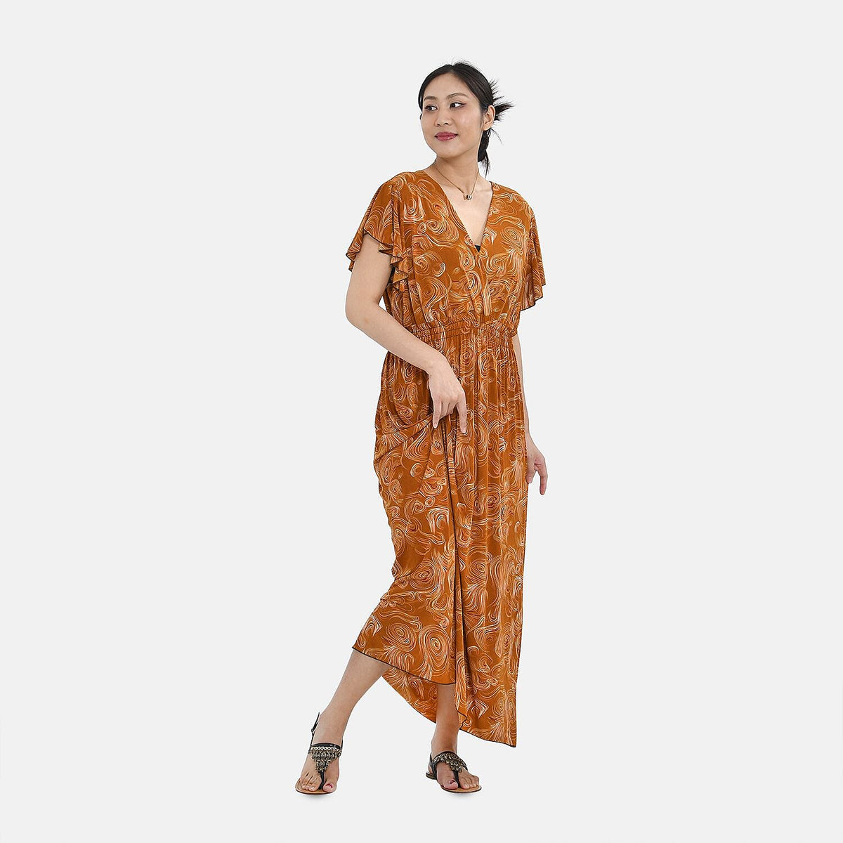TAMSY Floral Pattern Smocked Waist Maxi Dress with Flutter Sleeves 7283587 4