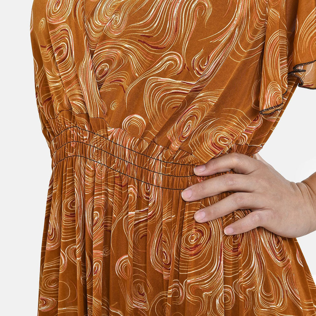 Tamsy Floral Pattern Maxi Dress with Flutter Sleeves (One Size,8-18) - Tan - White