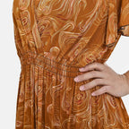 Tamsy Floral Pattern Maxi Dress with Flutter Sleeves (One Size,8-18) - Tan - White