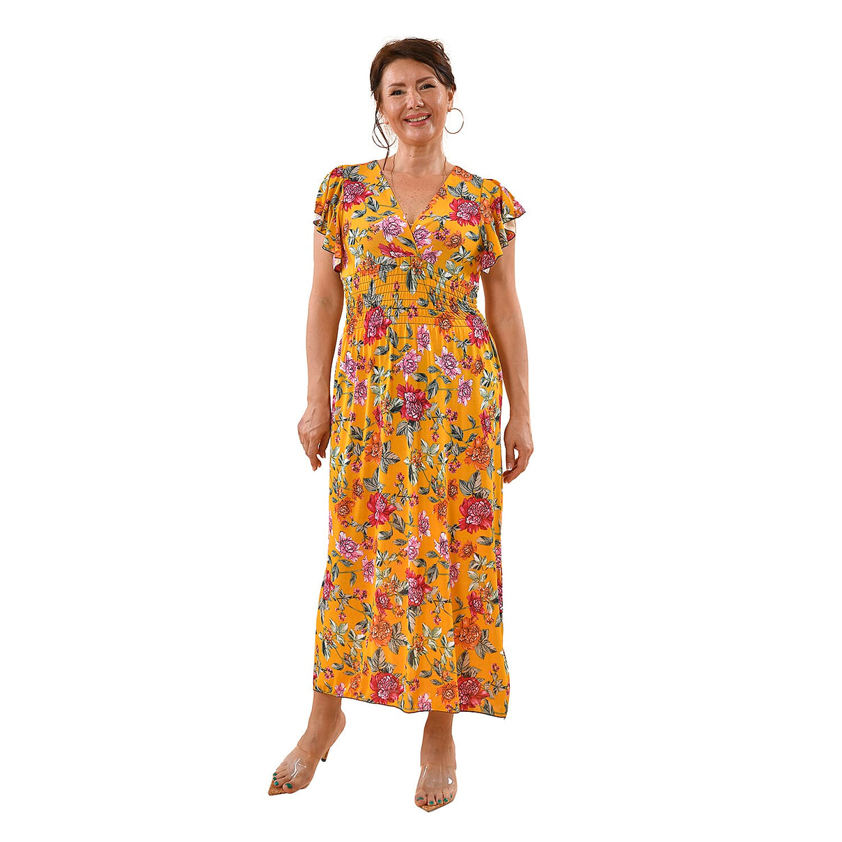 Tamsy Floral Pattern Smocked Waist Maxi with Flutter Sleeves  - Navy and Red 7176751 0