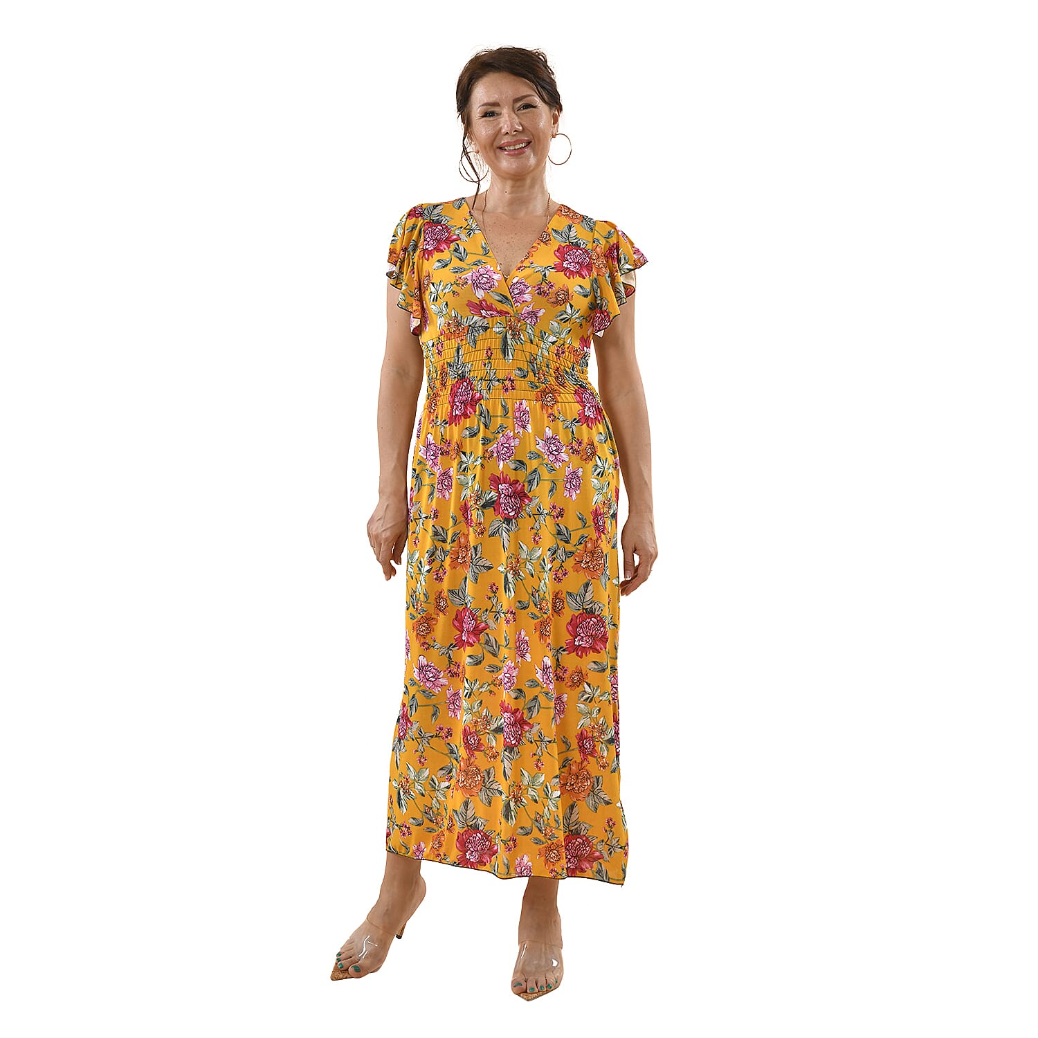 Tamsy Floral Pattern Smocked Waist Maxi with Flutter Sleeves  - Navy and Red 7176751 0
