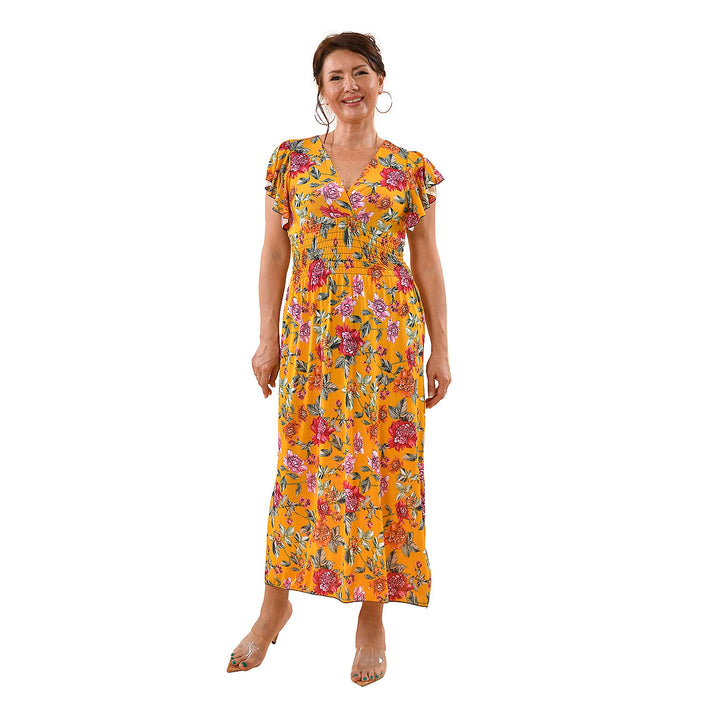 Tamsy Floral Pattern Smocked Waist Maxi with Flutter Sleeves  - Navy and Red 7176751 1