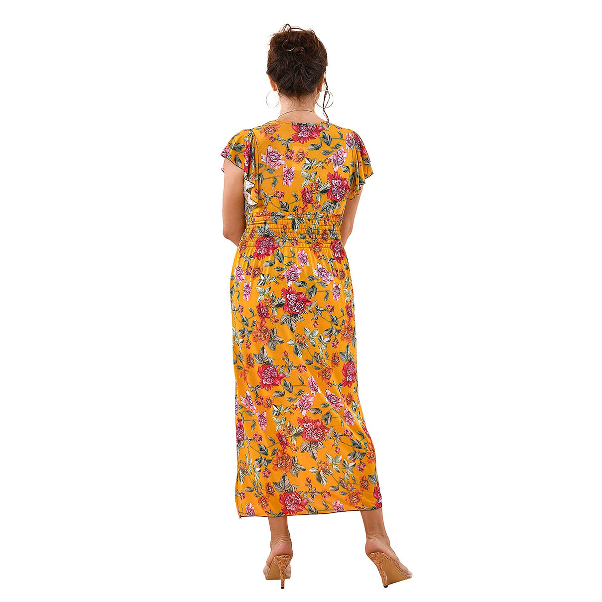 Tamsy Floral Pattern Smocked Waist Maxi with Flutter Sleeves  - Navy and Red 7176751 2