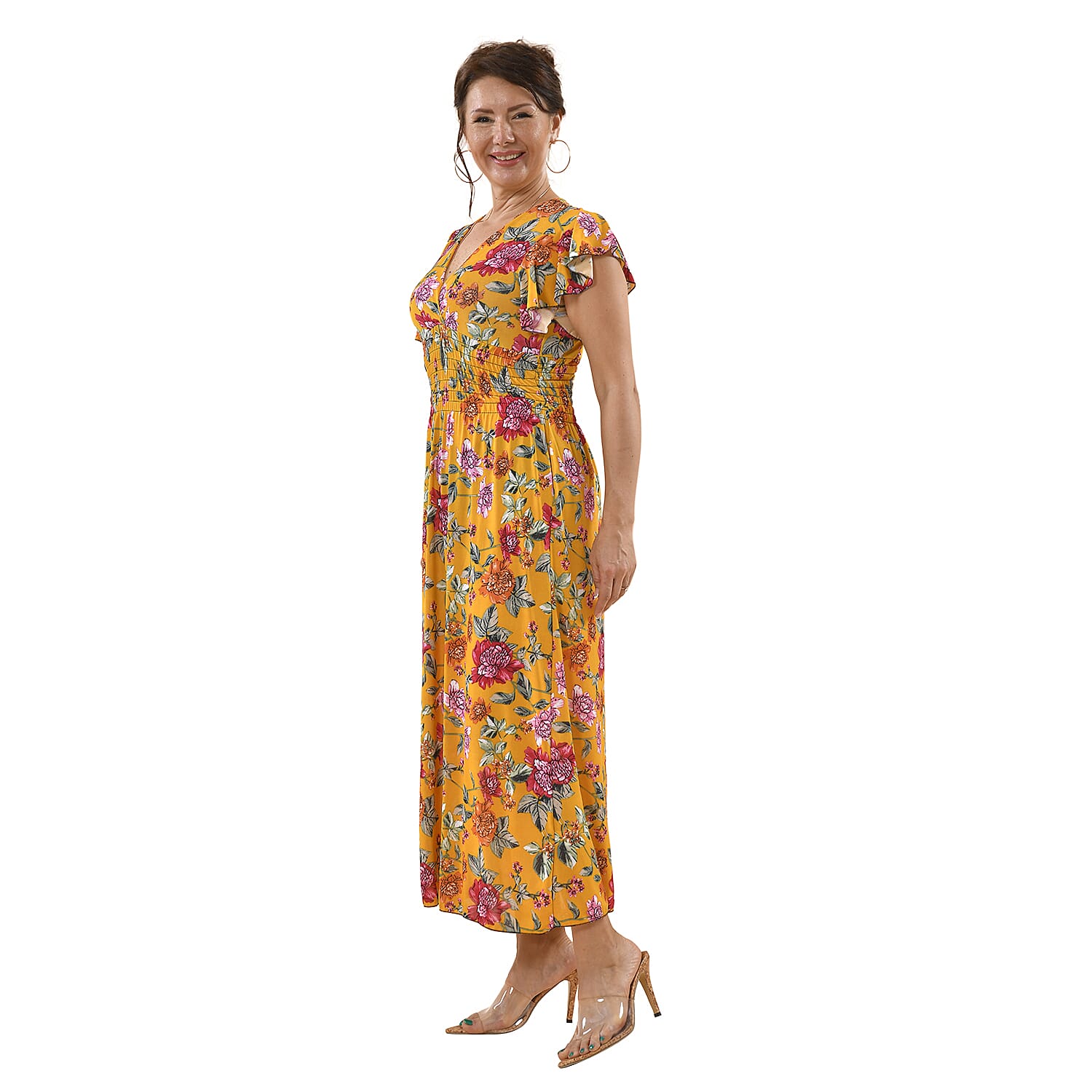 Tamsy Floral Pattern Smocked Waist Maxi with Flutter Sleeves  - Navy and Red 7176751 3