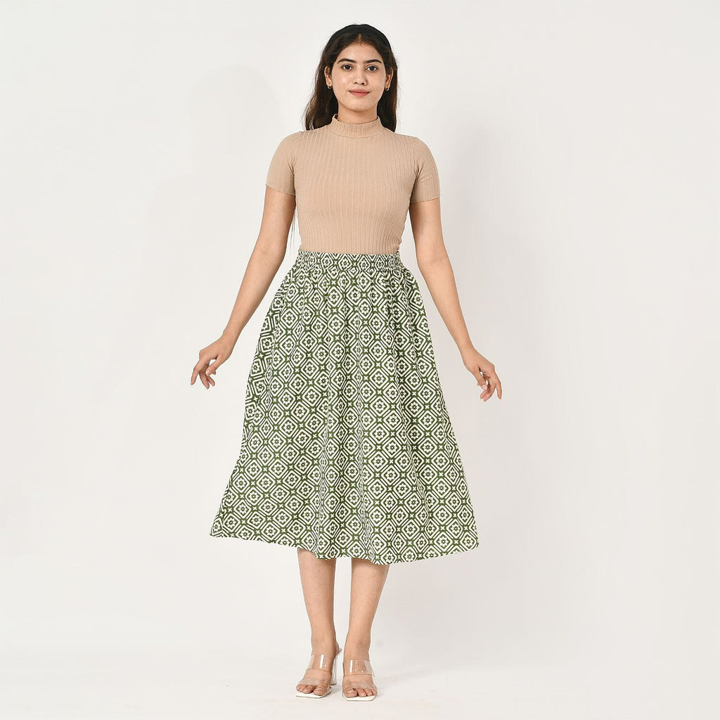 TAMSY 100% Viscose Geometric Pattern Skirt with Elastic Waist (Size S) - Green