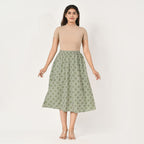 TAMSY 100% Viscose Geometric Pattern Skirt with Elastic Waist (Size S) - Green