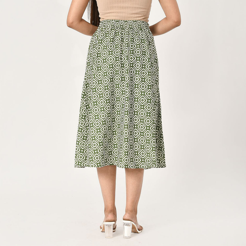TAMSY 100% Viscose Geometric Pattern Skirt with Elastic Waist (Size S) - Green