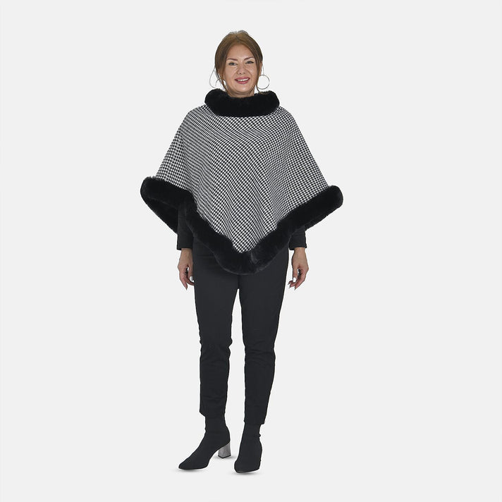 Tamsy Checkered Pattern Double Layer Faux Fur Poncho - Black and White 8960290 1