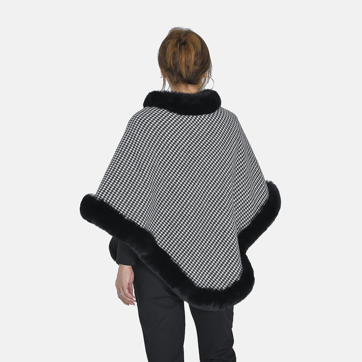 Tamsy Checkered Pattern Double Layer Faux Fur Poncho - Black and White 8960290 2