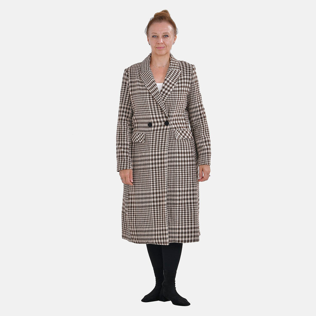 Houndstooth Pattern Longline Coat (Size 20, Length - 118.2cm) 20% Wool Blend - Khaki & Beige