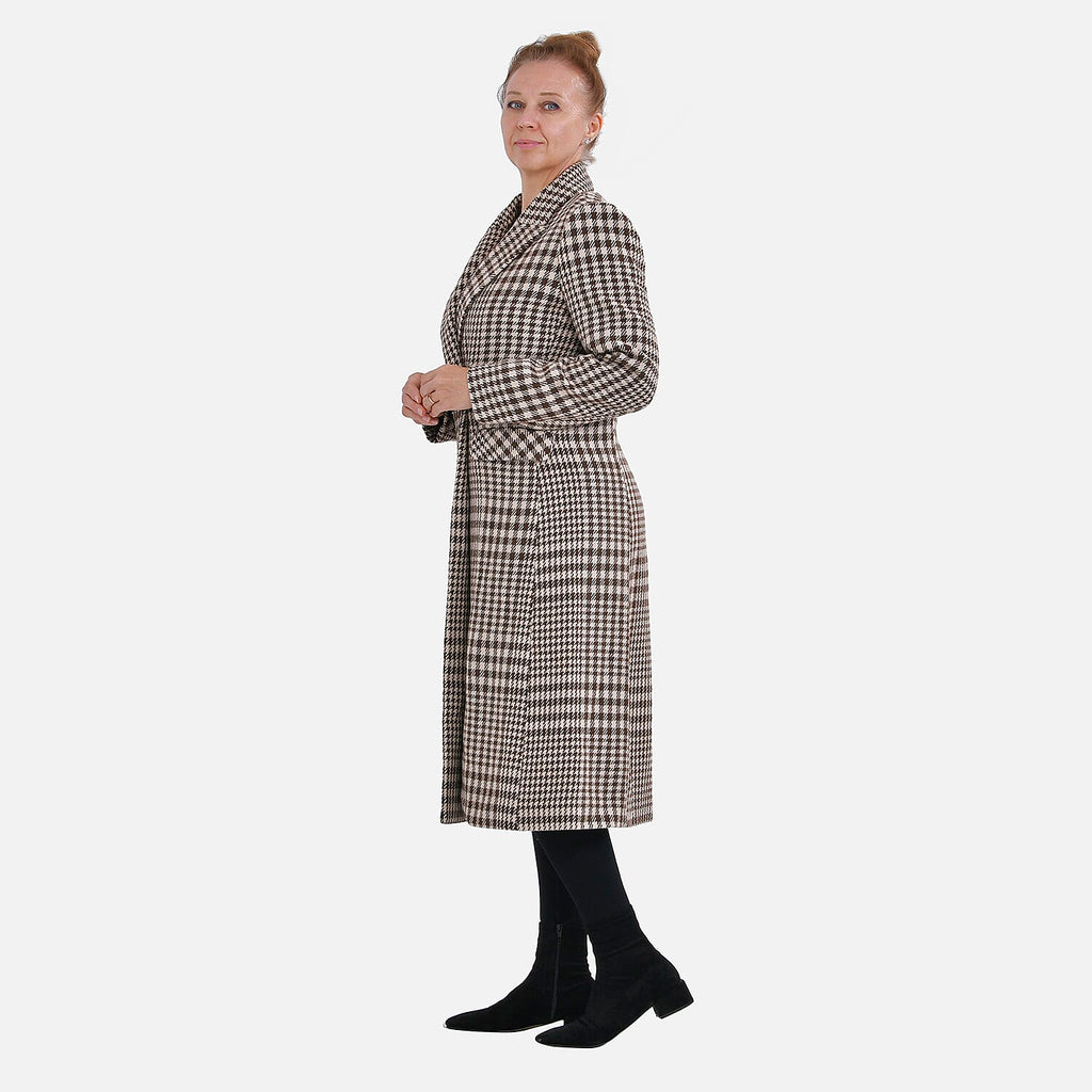 Houndstooth Pattern Longline Coat (Size 20, Length - 118.2cm) 20% Wool Blend - Khaki & Beige