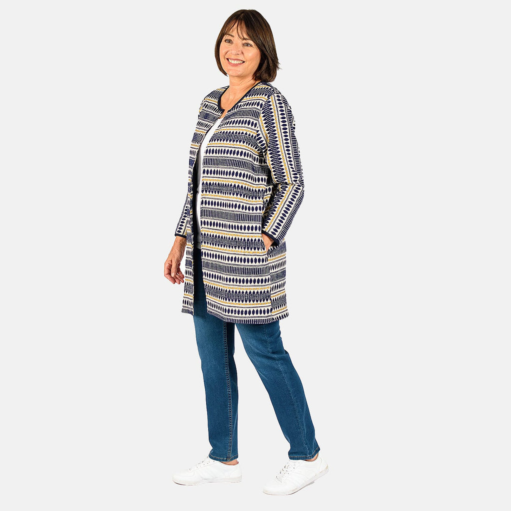 Tamsy Cotton Stripe Pattren Long Jacket (Size L,16-18) - Navy