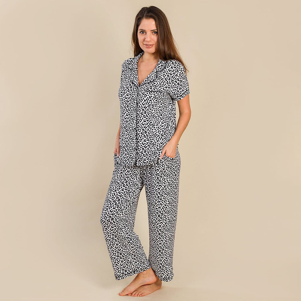 Tamsy Jersey Button Through Rever Collar Pyjama Set (Size L) - Black - White