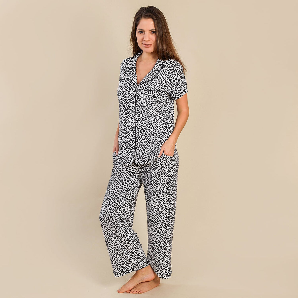 TAMSY Jersey Button Through Rever Collar Pyjama Set  - Black and White 7345485 0