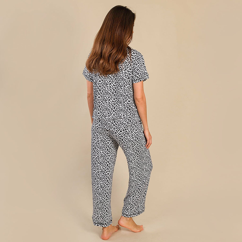 Tamsy Jersey Button Through Rever Collar Pyjama Set (Size L) - Black - White