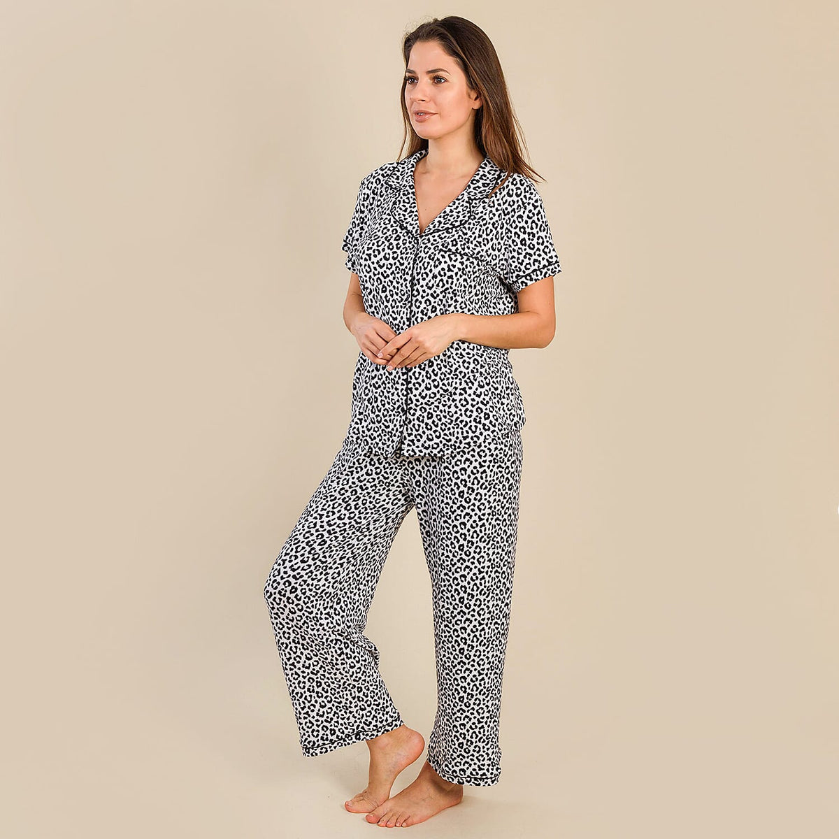 TAMSY Jersey Button Through Rever Collar Pyjama Set  - Black and White 7345485 2