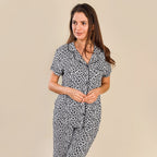 Tamsy Jersey Button Through Rever Collar Pyjama Set (Size L) - Black - White