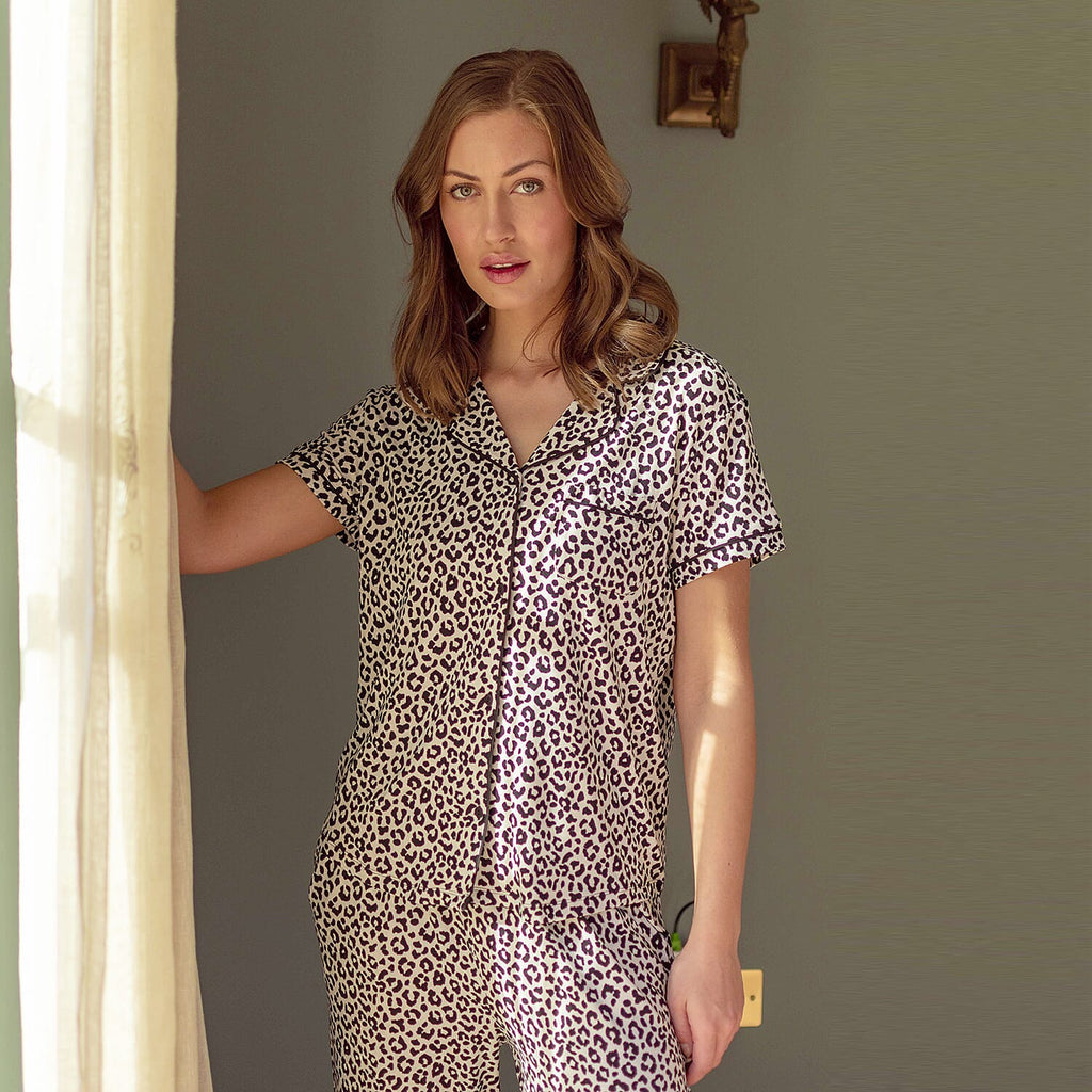 Tamsy Jersey Button Through Rever Collar Pyjama Set (Size L) - Black - White