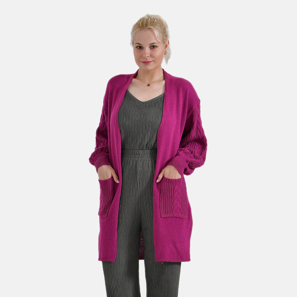 Tamsy Knitted Full Sleeves Open Front Cardigan with Pockets (Size - One Size) - Magenta