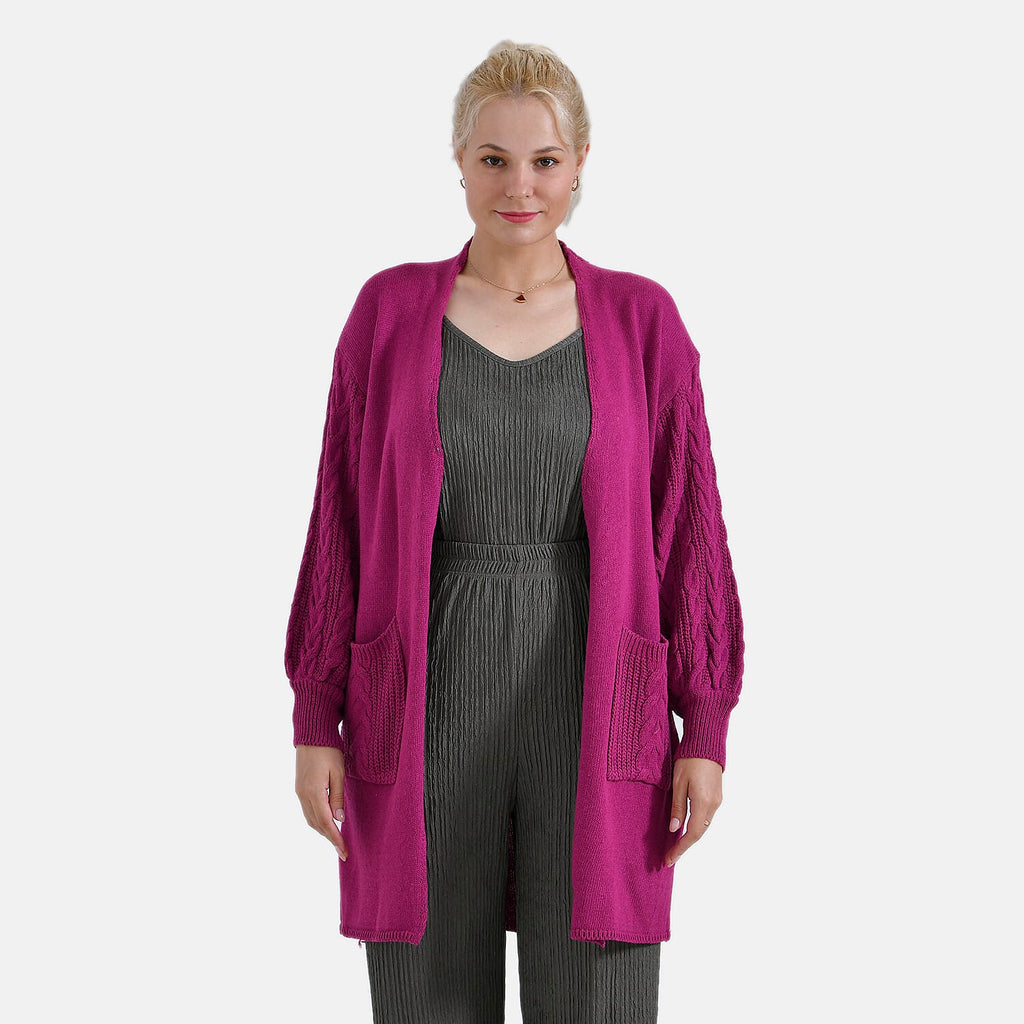 Tamsy Knitted Full Sleeves Open Front Cardigan with Pockets (Size - One Size) - Magenta