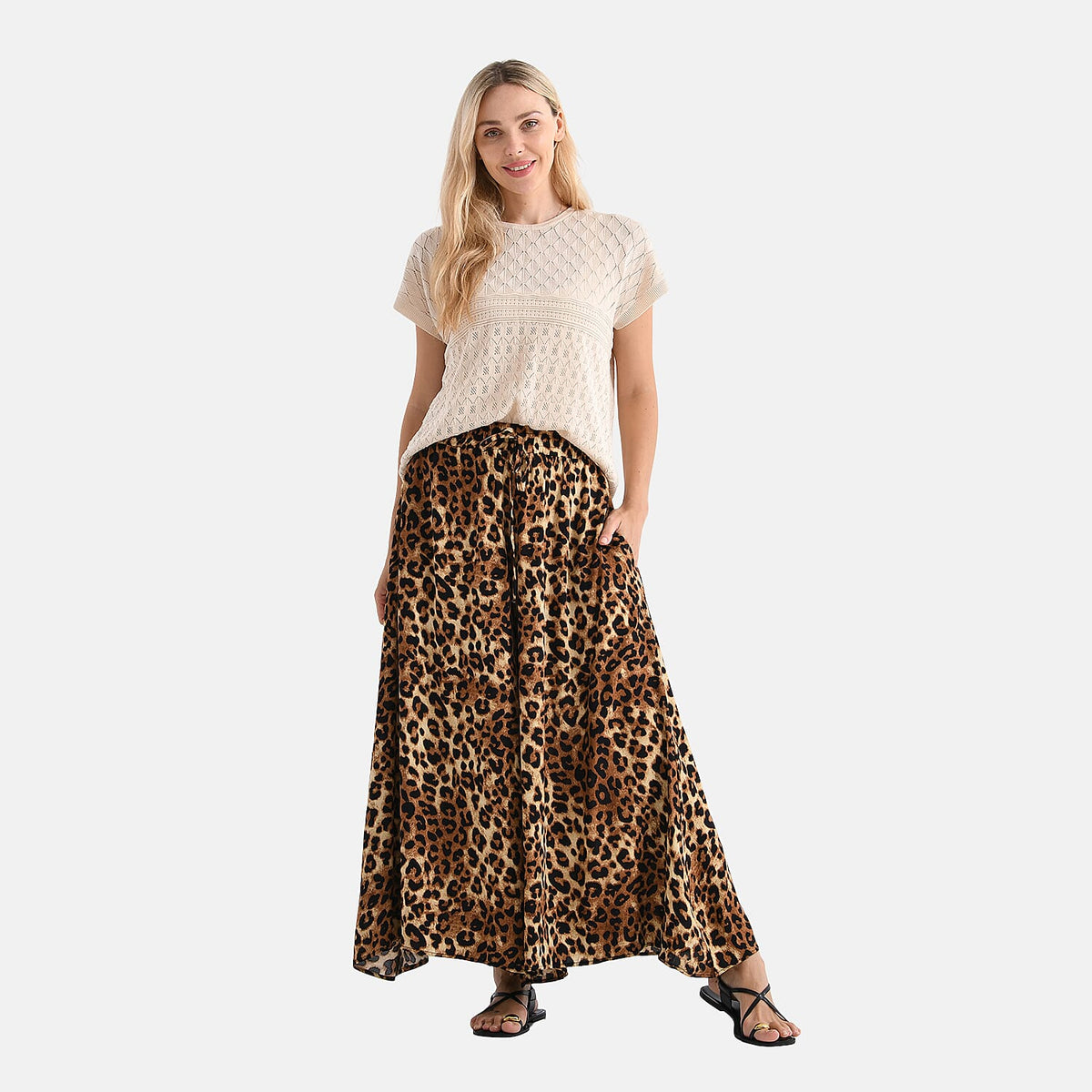 Tamsy Women's Leopard Print Elastic Waist Wide Leg Culottes V32531670 0