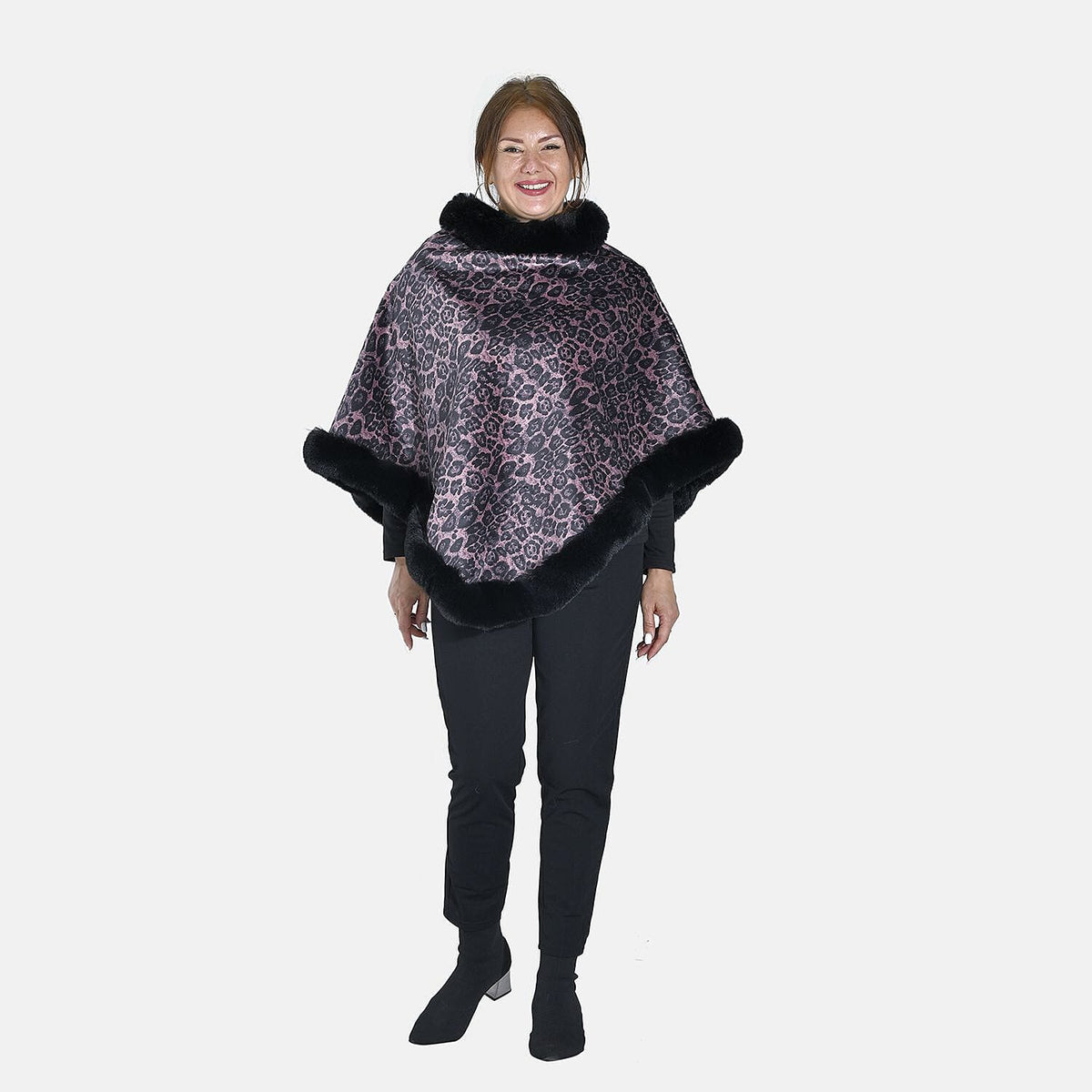 Tamsy Leopard Pattern Double Layer Faux Fur Poncho (Size 8-22) - Pink 8960308 0