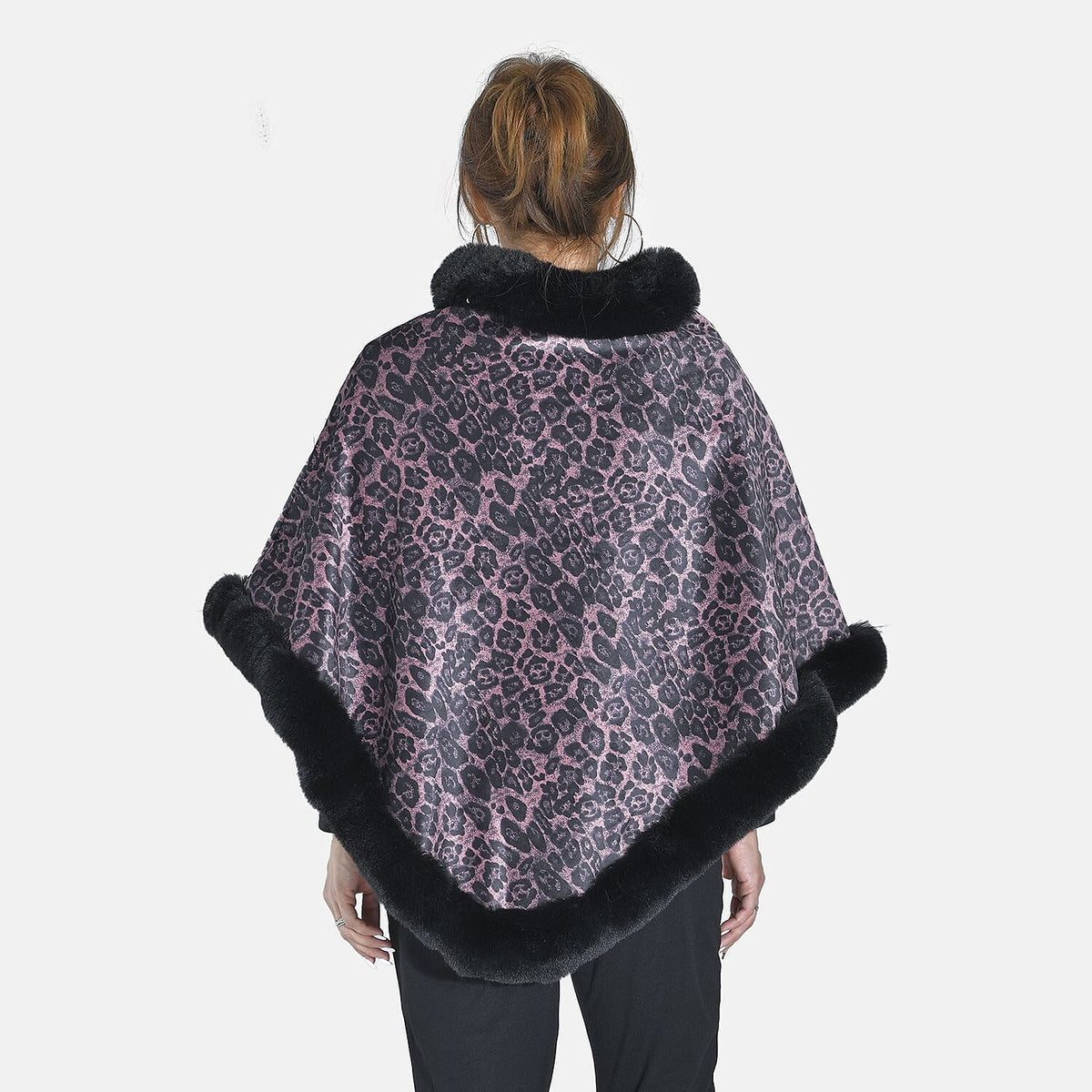 Tamsy Leopard Pattern Double Layer Faux Fur Poncho (Size 8-22) - Pink 8960308 2