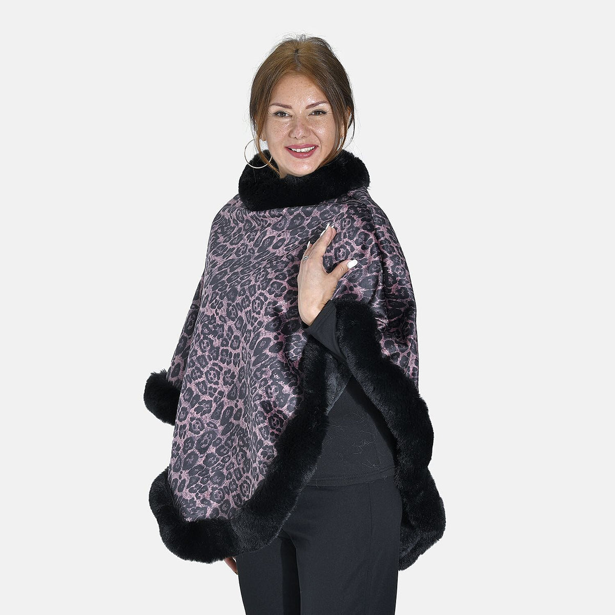 Tamsy Leopard Pattern Double Layer Faux Fur Poncho (Size 8-22) - Pink 8960308 3