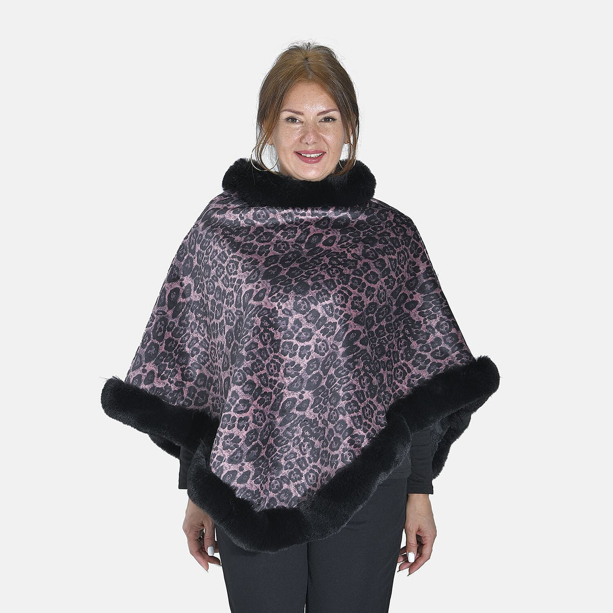 Tamsy Leopard Pattern Double Layer Faux Fur Poncho (Size 8-22) - Pink 8960308 4