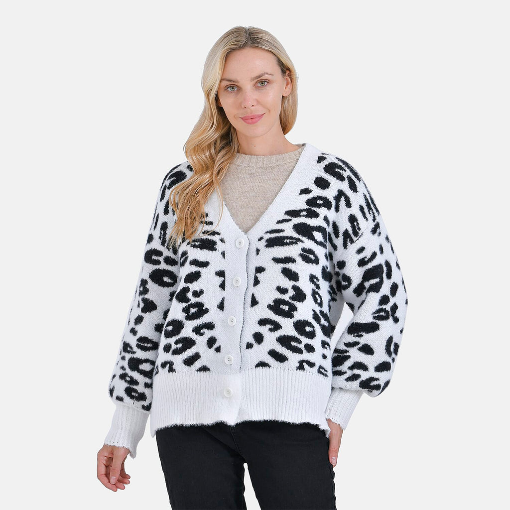 Tamsy Leopard Print Cardigan - White & Black Print