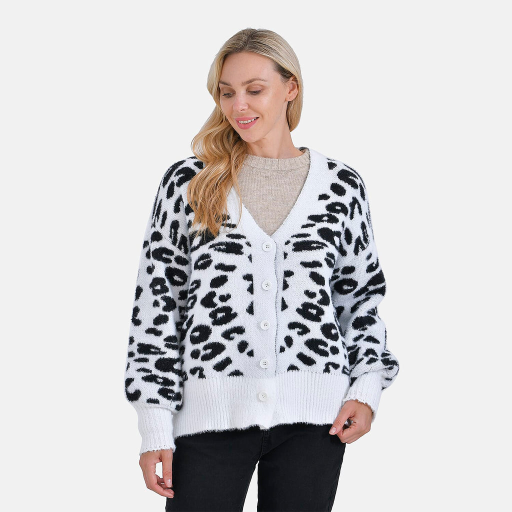 Tamsy Leopard Print Cardigan - White & Black Print