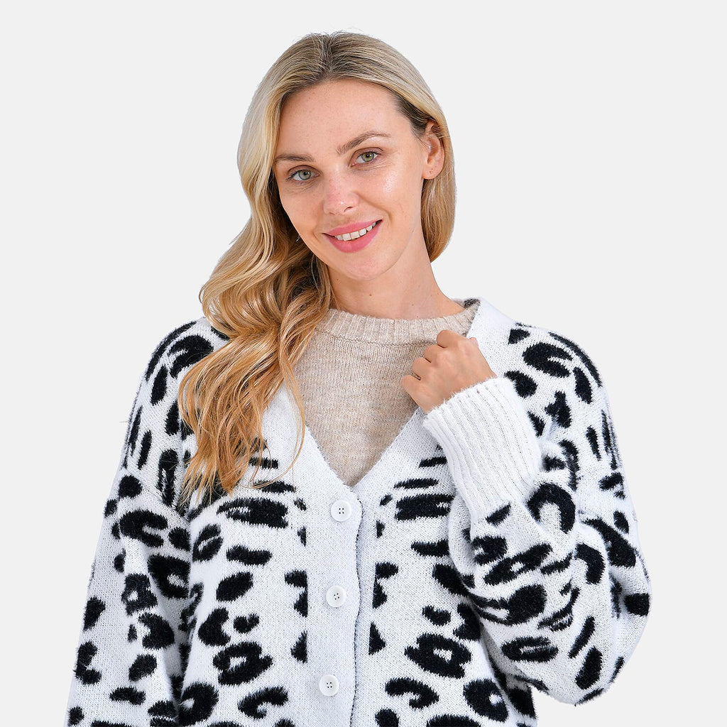 Tamsy Leopard Print Cardigan - White & Black Print