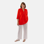 Tamsy Linen Blend Long Line Roll Up Sleeves Blouse (Size L,16-18) - Blue