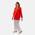 Tamsy Linen Blend Long Line Roll Up Sleeves Blouse (Size L,16-18) - Blue