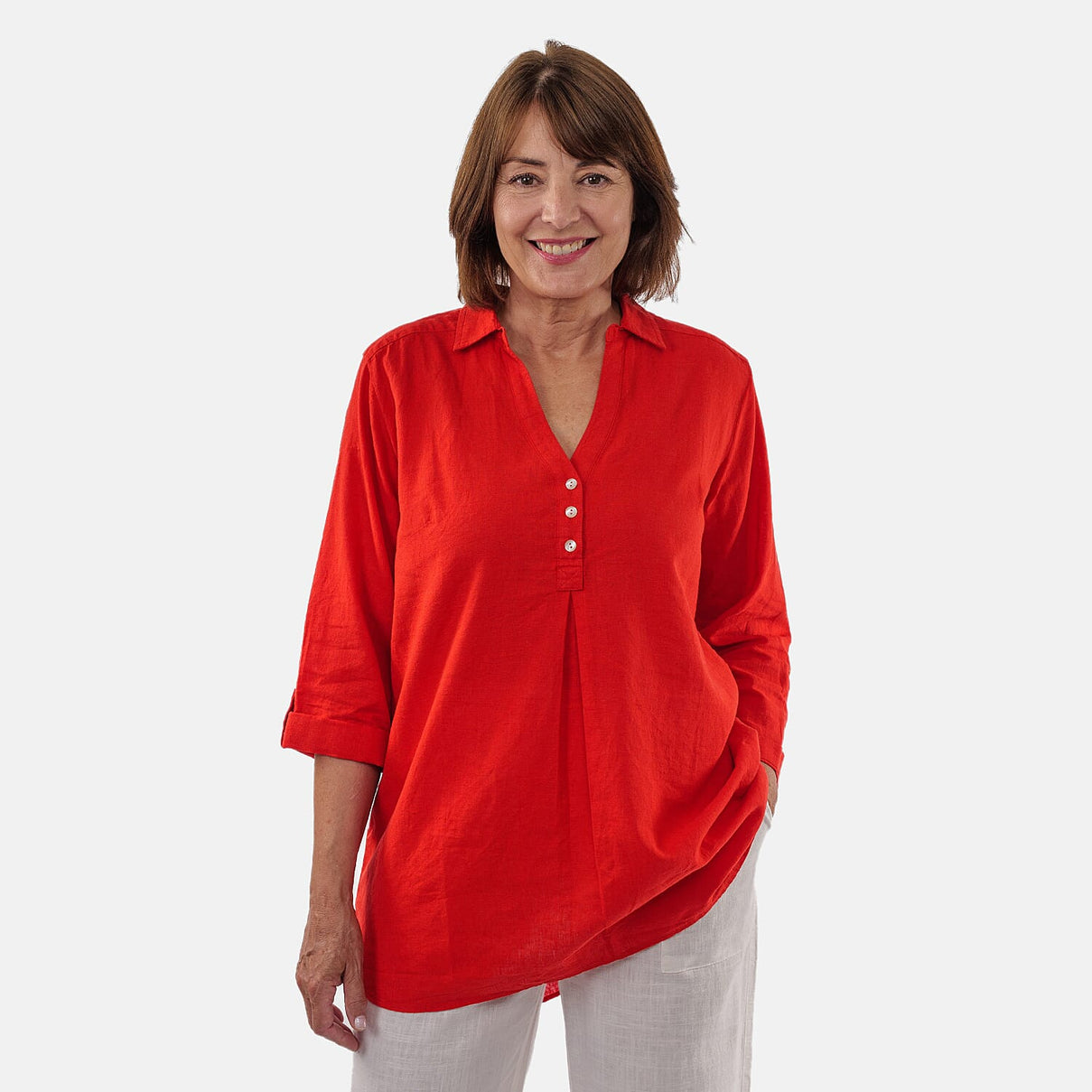 TAMSY Linen Blend Long Line Roll Up Sleeves Blouse  - Blue 8732812 3