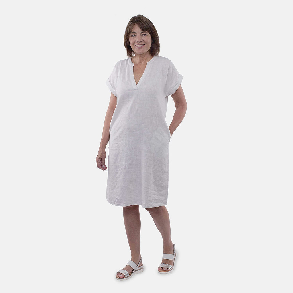 TAMSY Open Neck Half Placket Dress with Grown on Sleeve (Size L,16-18) - White