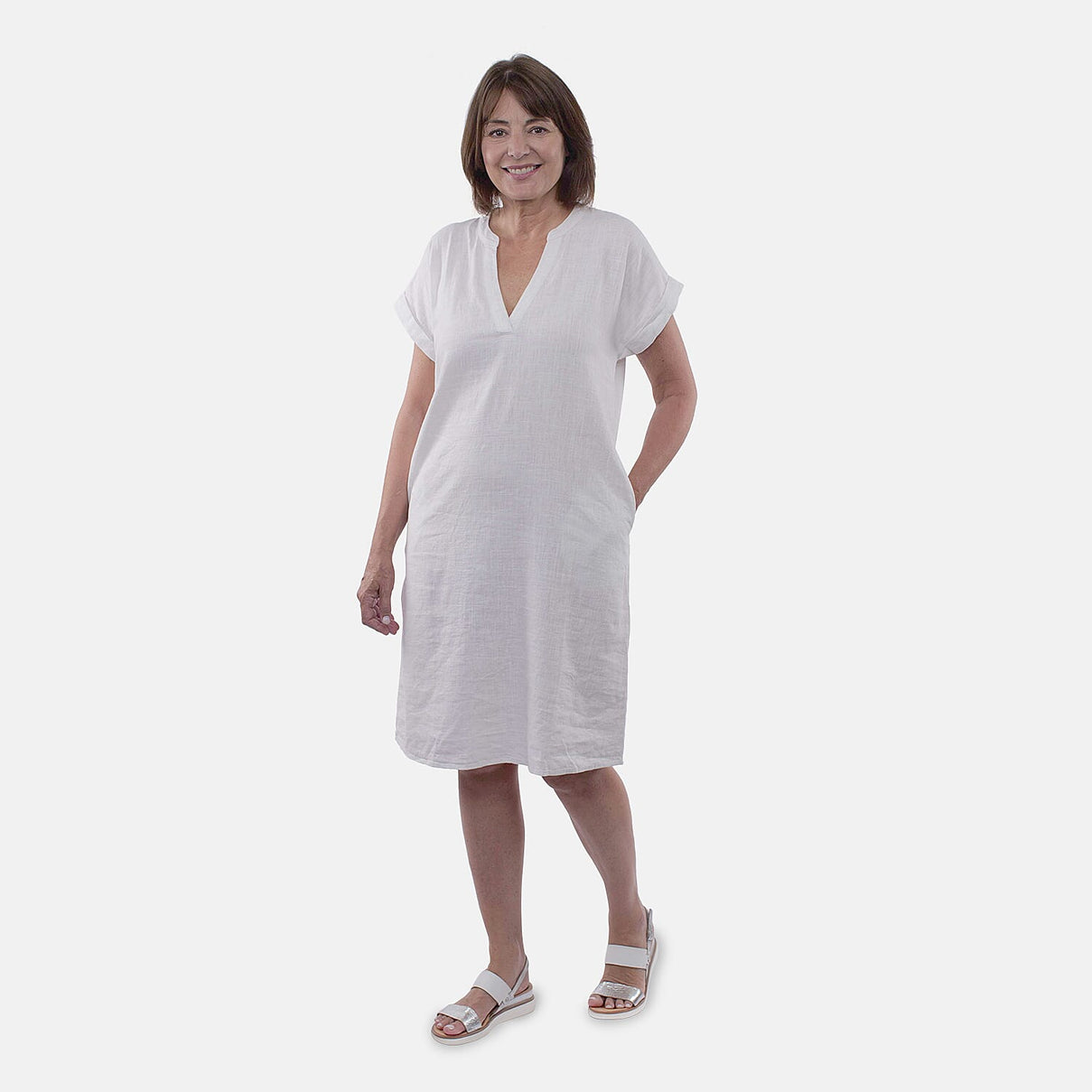 TAMSY Open Neck Half Placket Dress with Grown on Sleeve - White 8732849 0