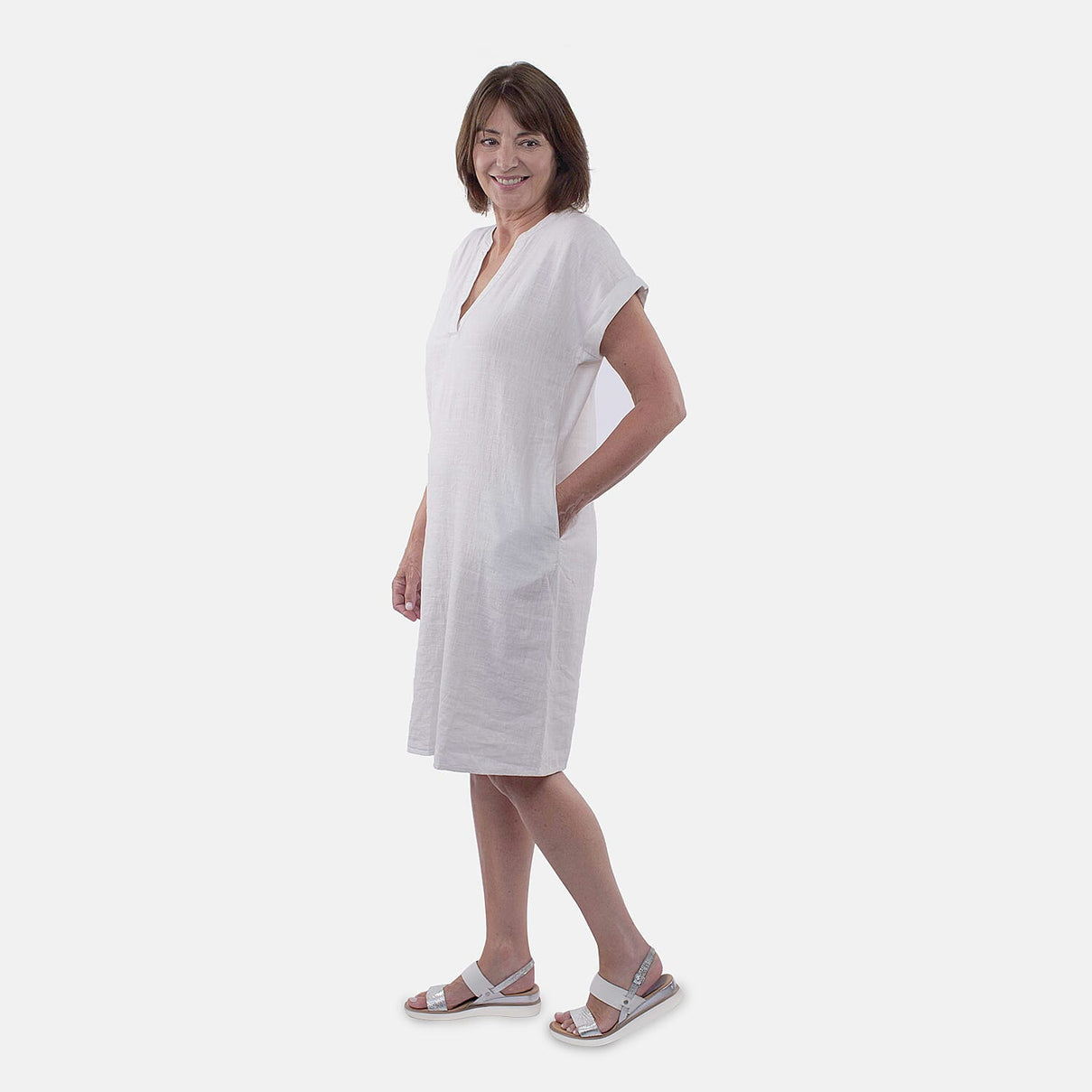TAMSY Open Neck Half Placket Dress with Grown on Sleeve - White 8732849 2