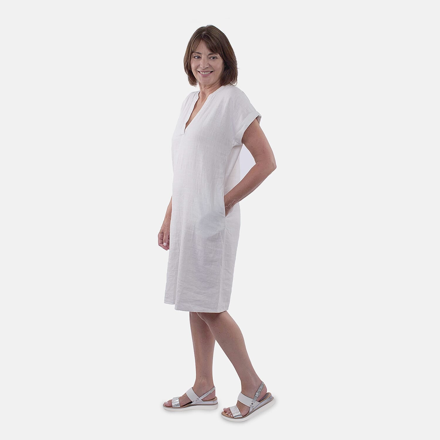 TAMSY Open Neck Half Placket Dress with Grown on Sleeve - White 8732849 2