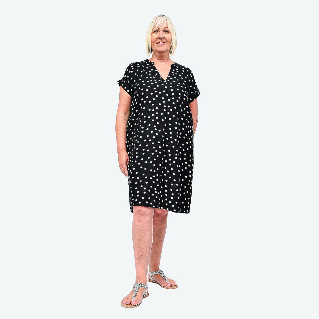 TAMSY Linen Open Neck Half Placket Spot Print Dress with Grown On Sleeve (Size S,8-10) - Black - White