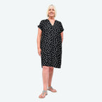 TAMSY Linen Open Neck Half Placket Spot Print Dress with Grown On Sleeve (Size S,8-10) - Black - White