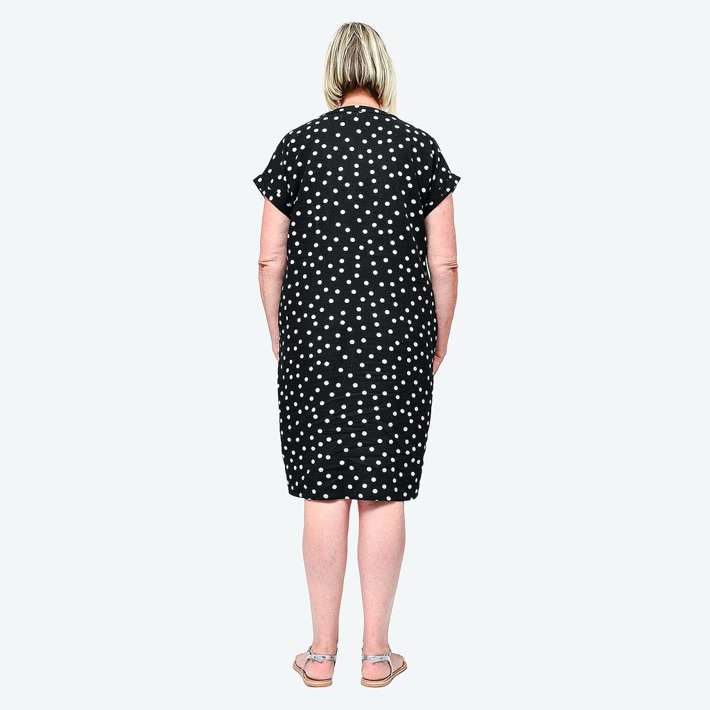 TAMSY Linen Open Neck Half Placket Spot Print Dress with Grown On Sleeve (Size S,8-10) - Black - White