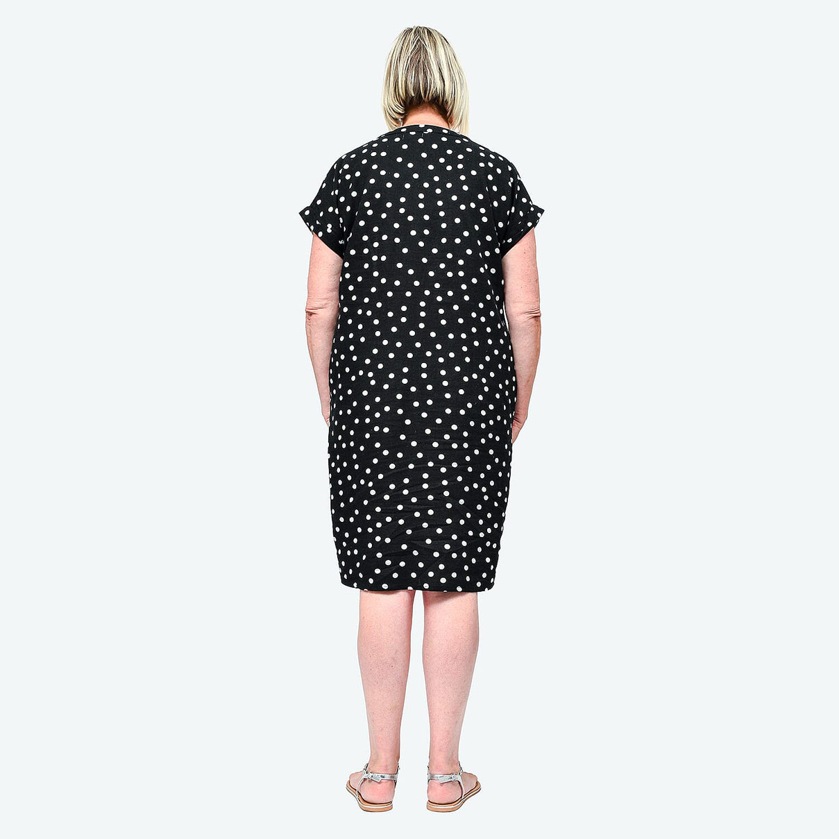 TAMSY Linen Open Neck Half Placket Spot Print Dress with Grown On Sleeve  - Black and White 8732648 1