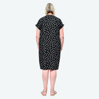 TAMSY Linen Open Neck Half Placket Spot Print Dress with Grown On Sleeve (Size S,8-10) - Black - White