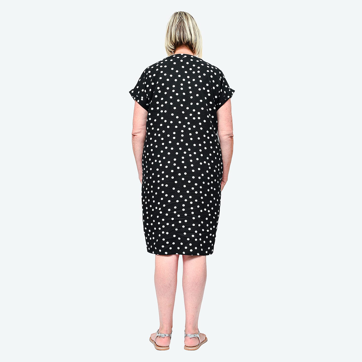 TAMSY Linen Open Neck Half Placket Spot Print Dress with Grown On Sleeve  - Black and White 8732648 1